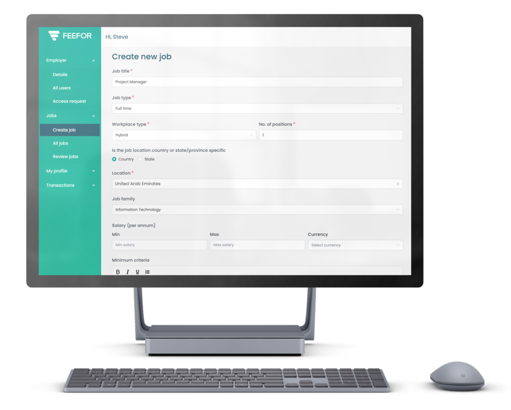 Desktop screenshot: create a new job
