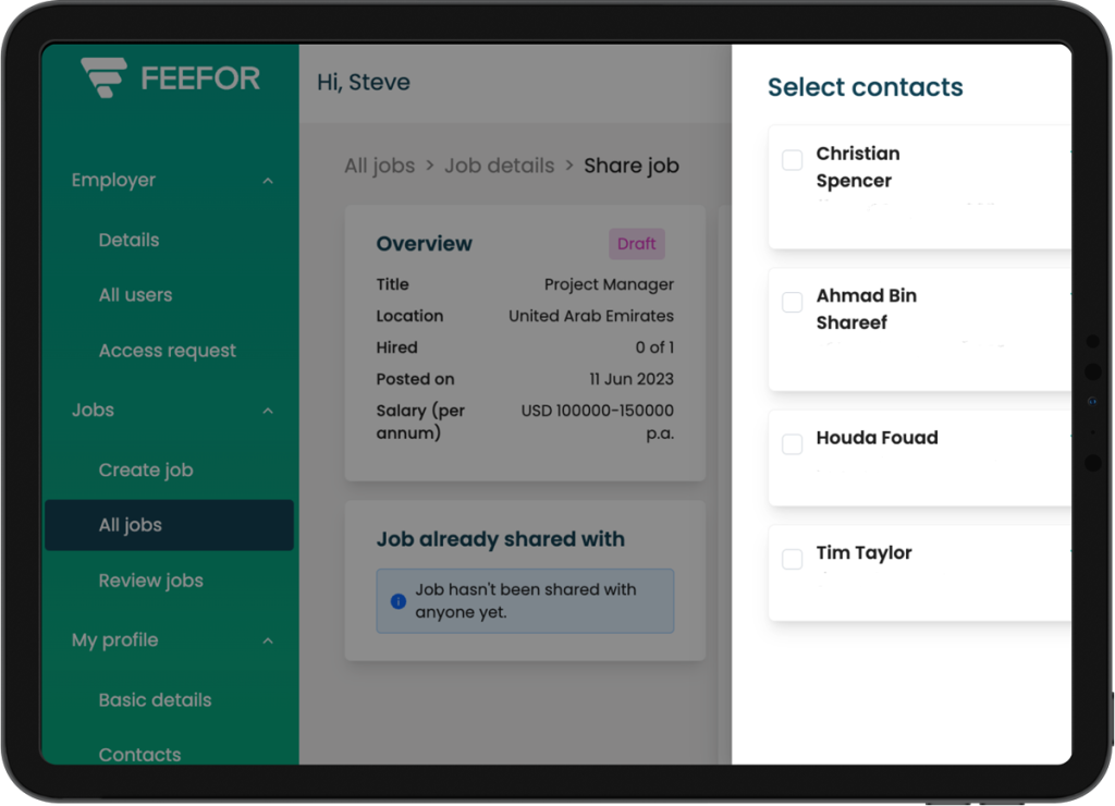 iPad screenshot: select contacts to share a job with