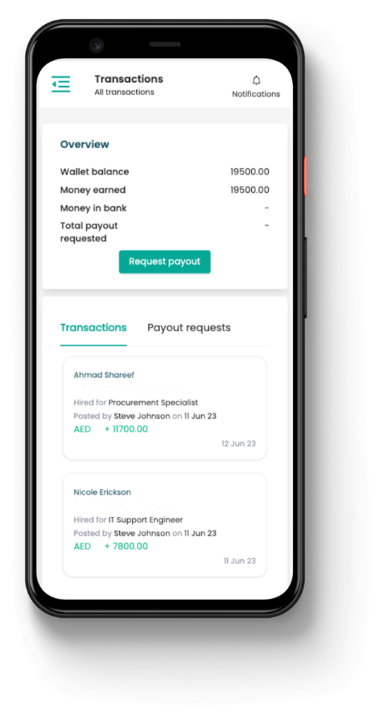 Mobile screenshot: transactions and wallet balance